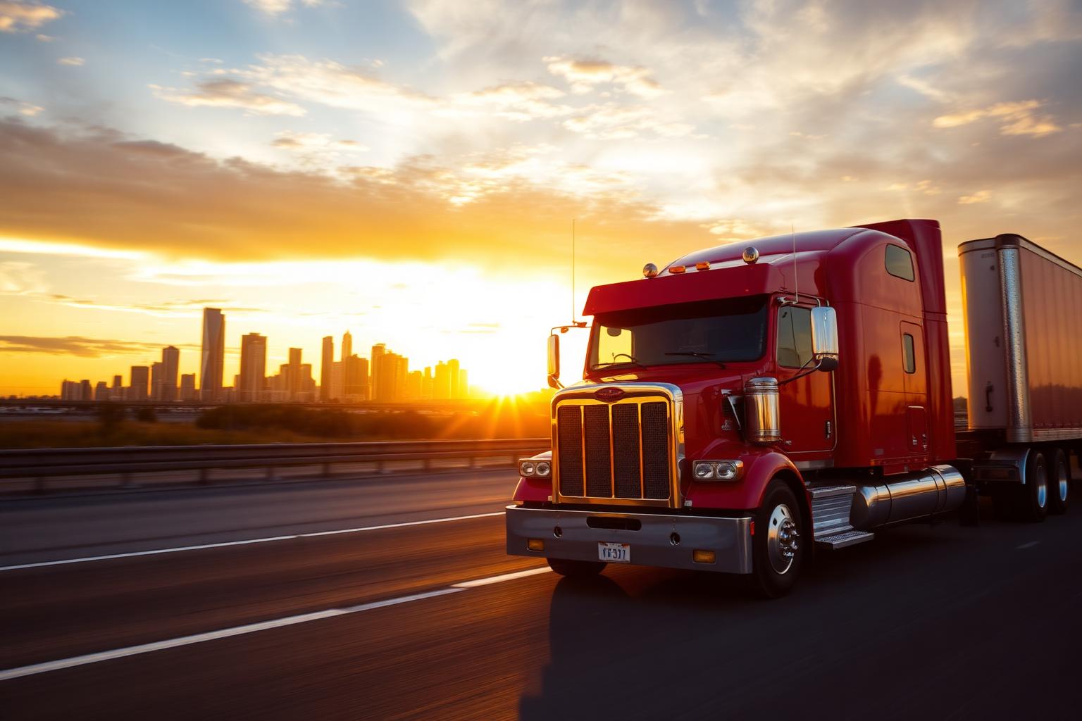 Red semi-truck driving at sunset